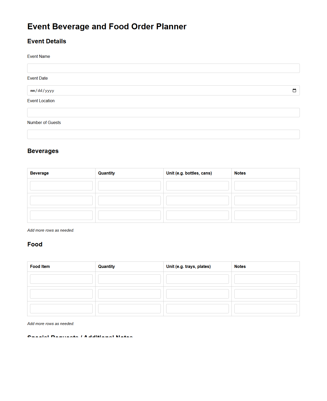 Event Beverage and Food Order Planner
