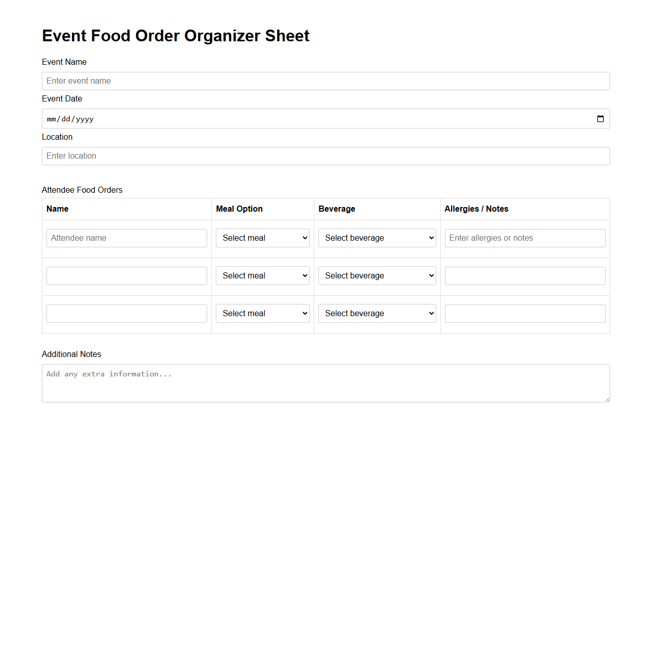 Event Food Order Organizer Sheet