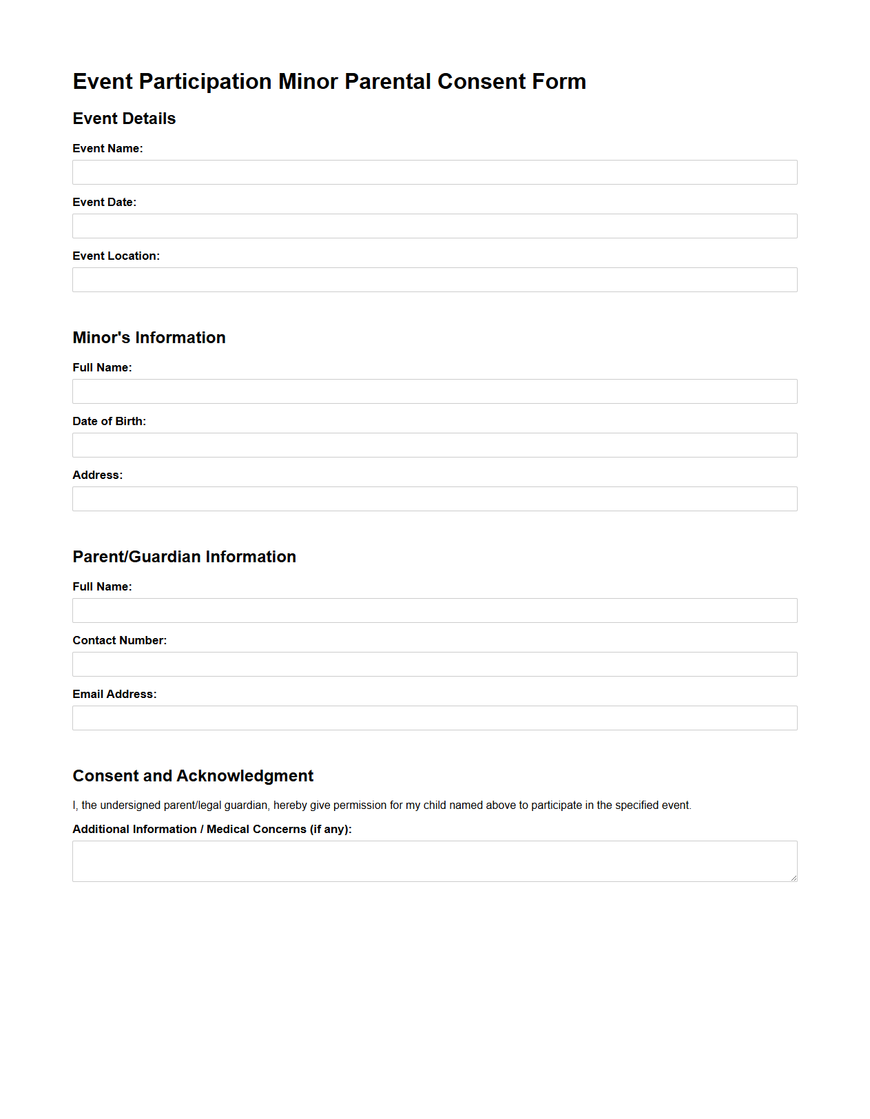 Event Participation Minor Parental Consent Form