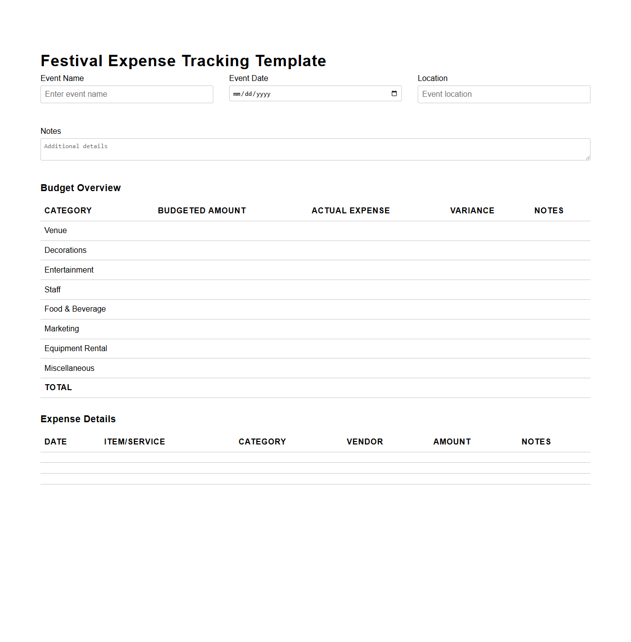 Event Planner Festival Expense Tracking Template