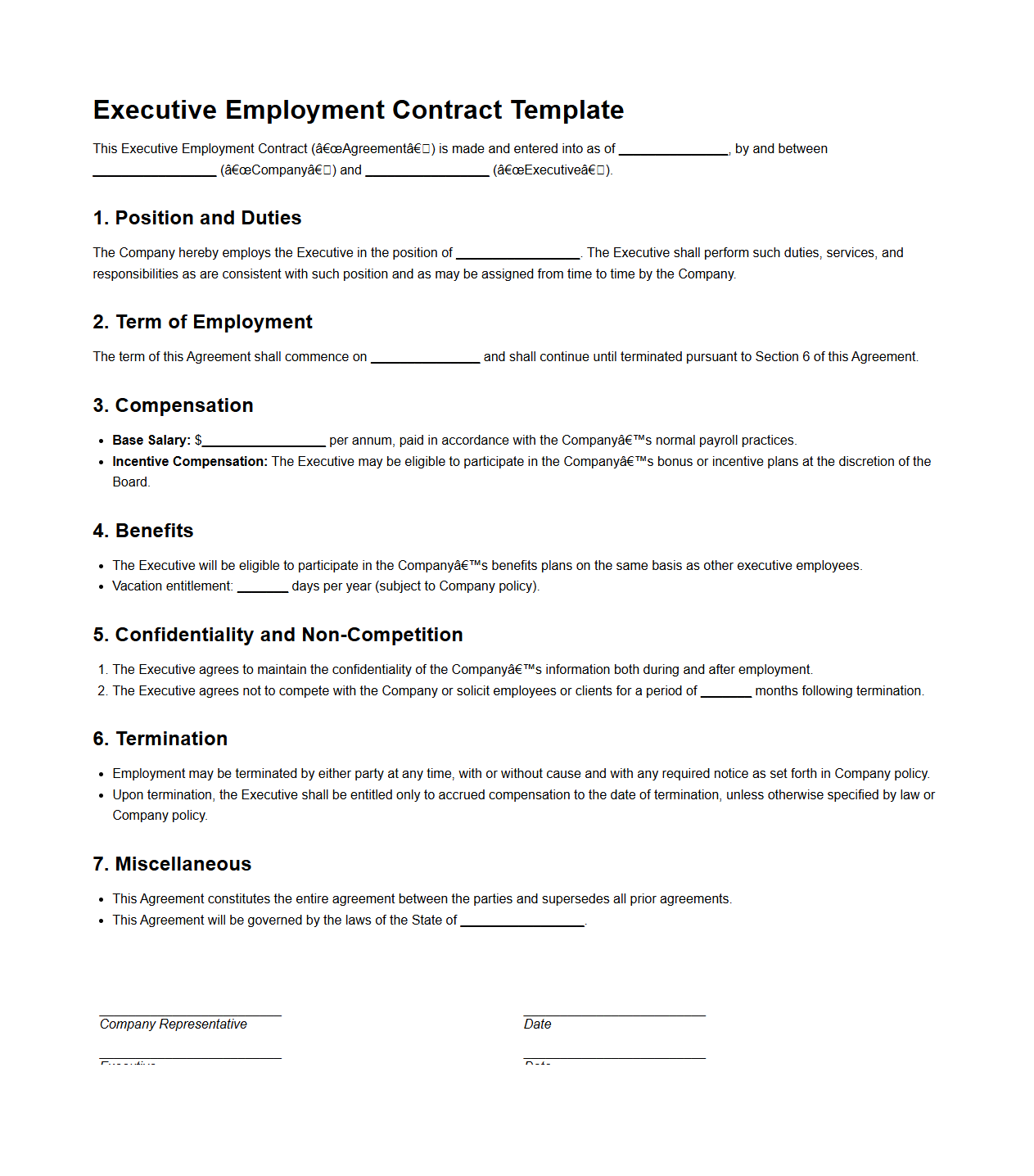 Executive Employment Contract Template for Starting Employees