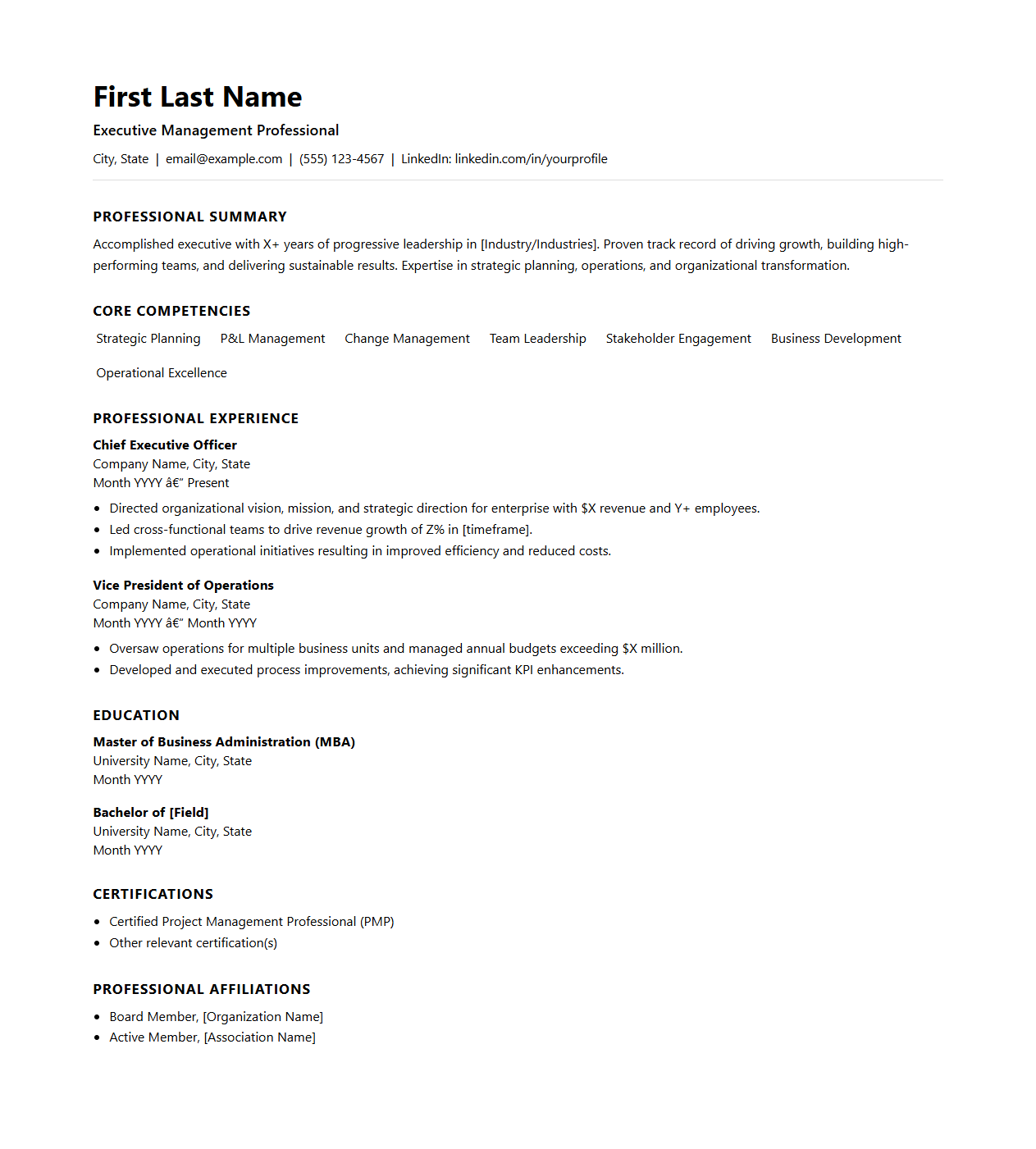 Executive Management Resume Template