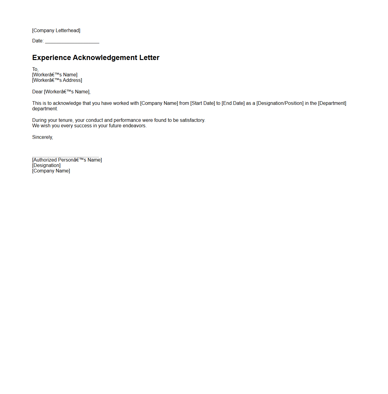 Experience Acknowledgement Letter for Workers