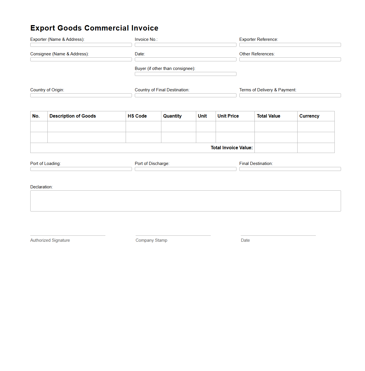 Export Goods Commercial Invoice Sheet