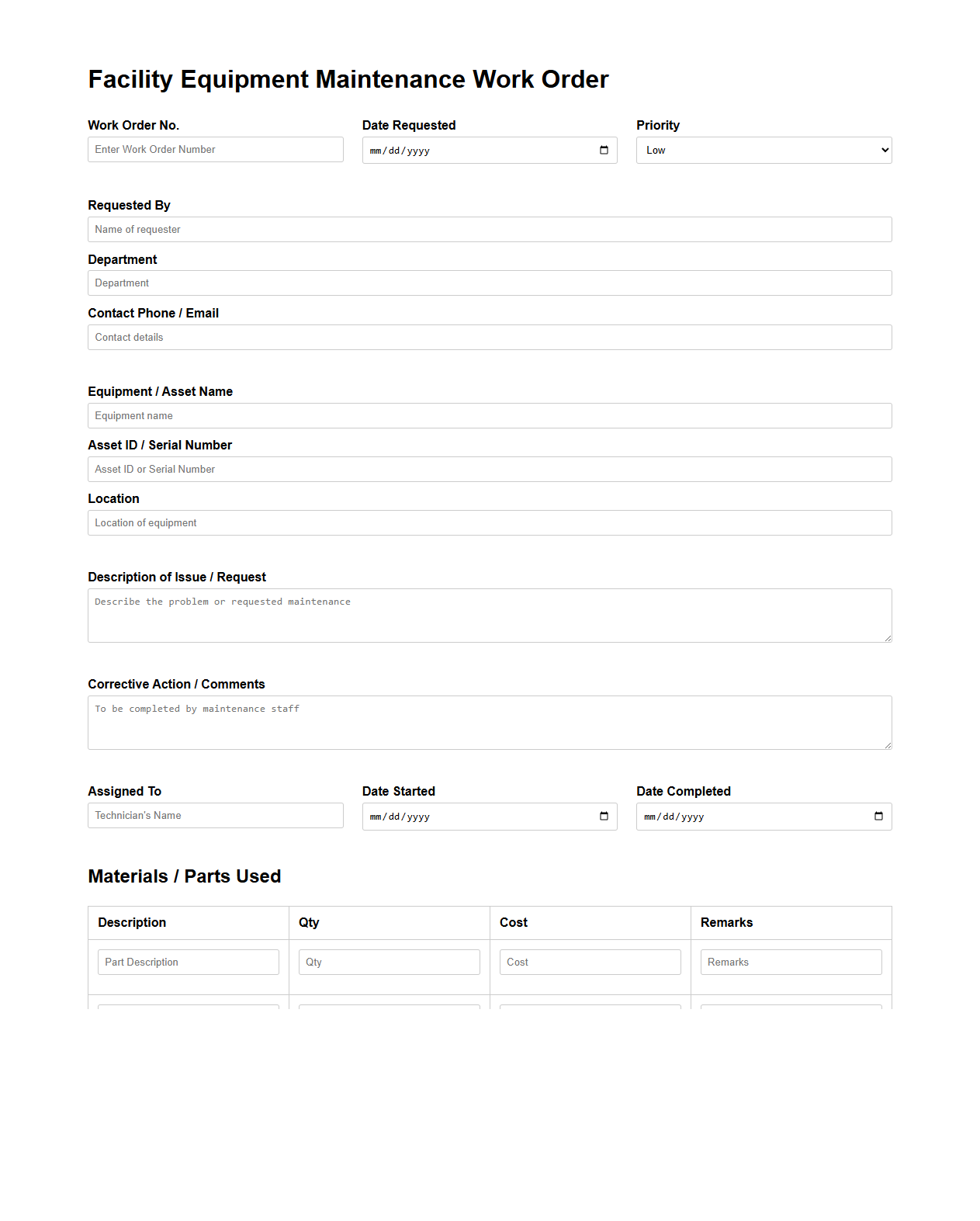 Facility Equipment Maintenance Work Order Template