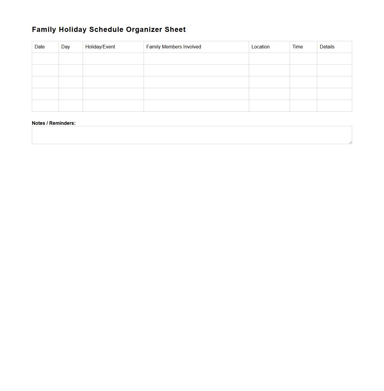 Family Holiday Schedule Organizer Sheet