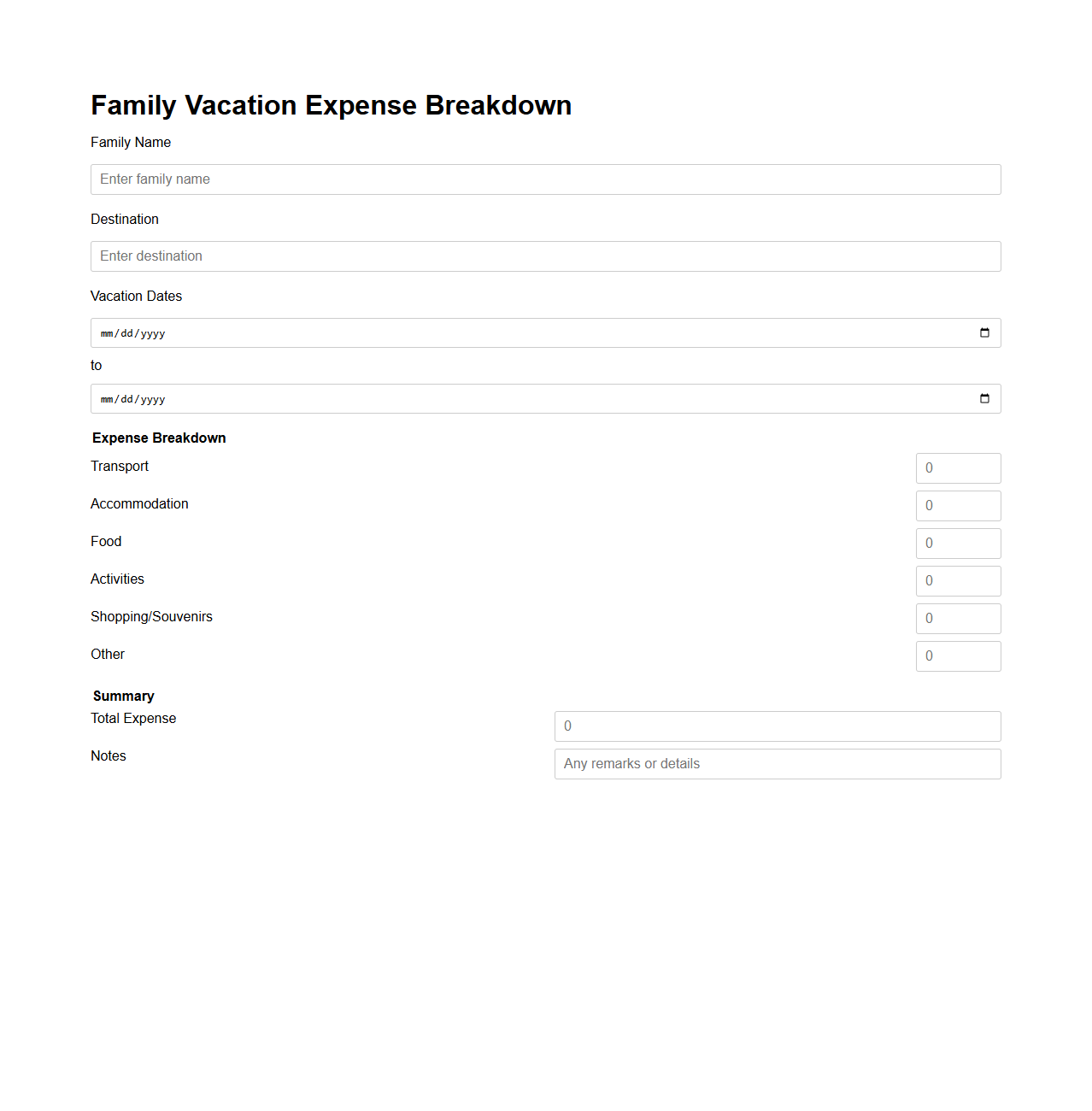 Family Vacation Expense Breakdown Form