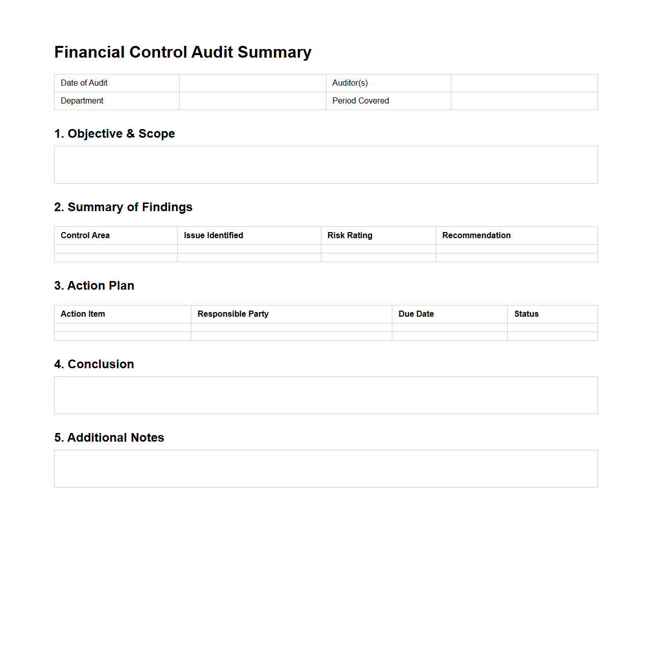 Financial Control Audit Summary Template