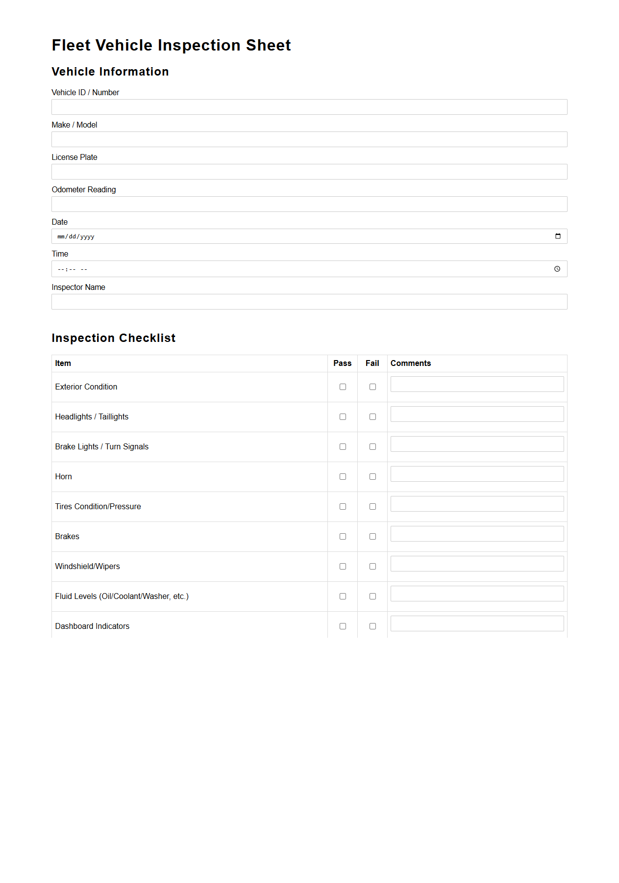 Fleet Vehicle Inspection Sheet Template