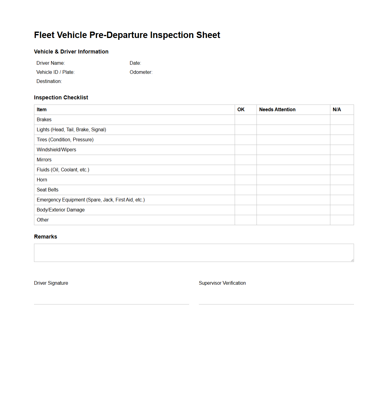 Fleet Vehicle Pre-Departure Inspection Sheet