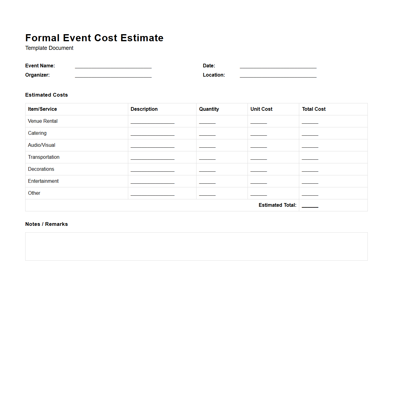 Formal Event Cost Estimate Template
