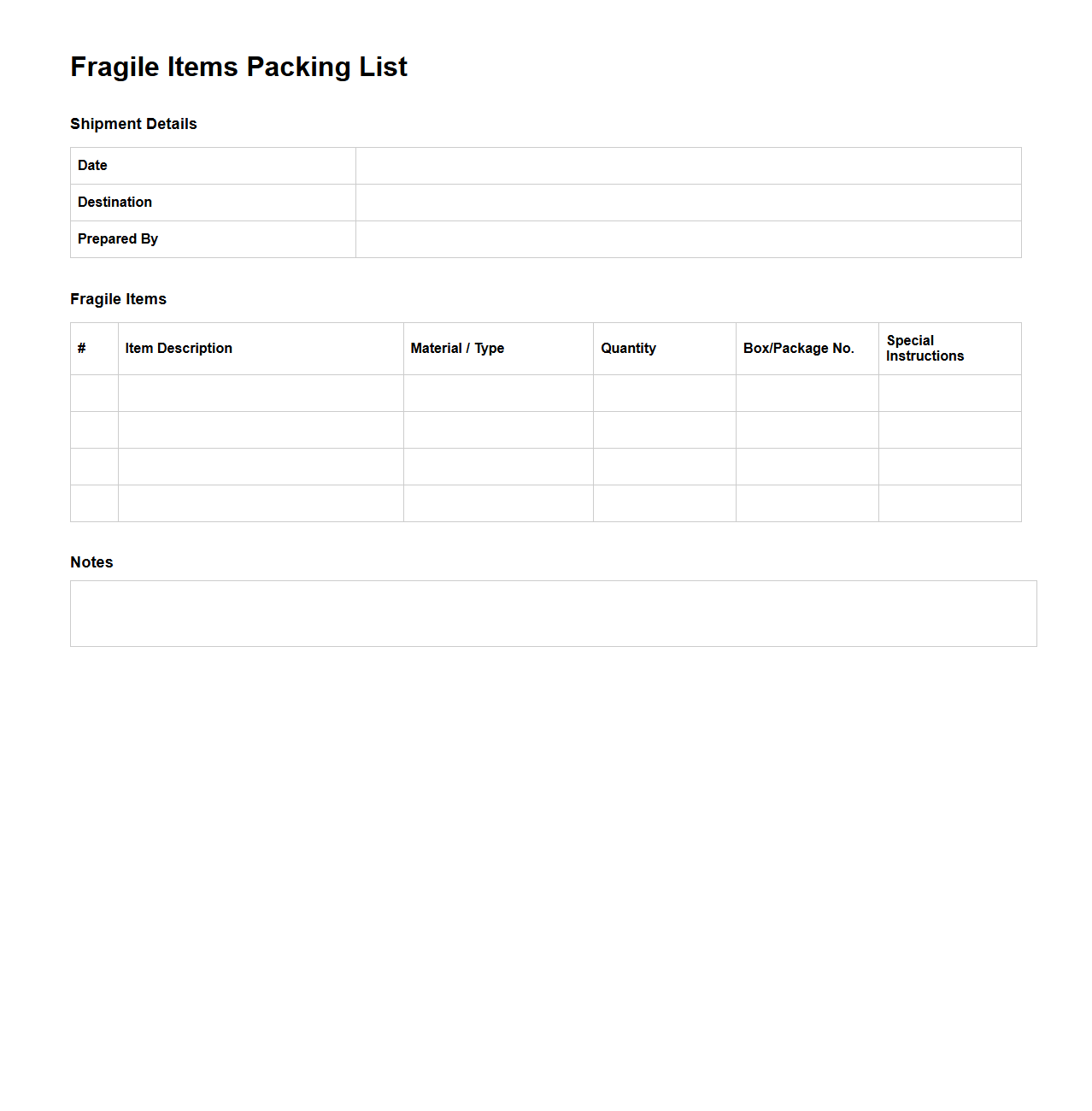 Fragile Items Packing List Template