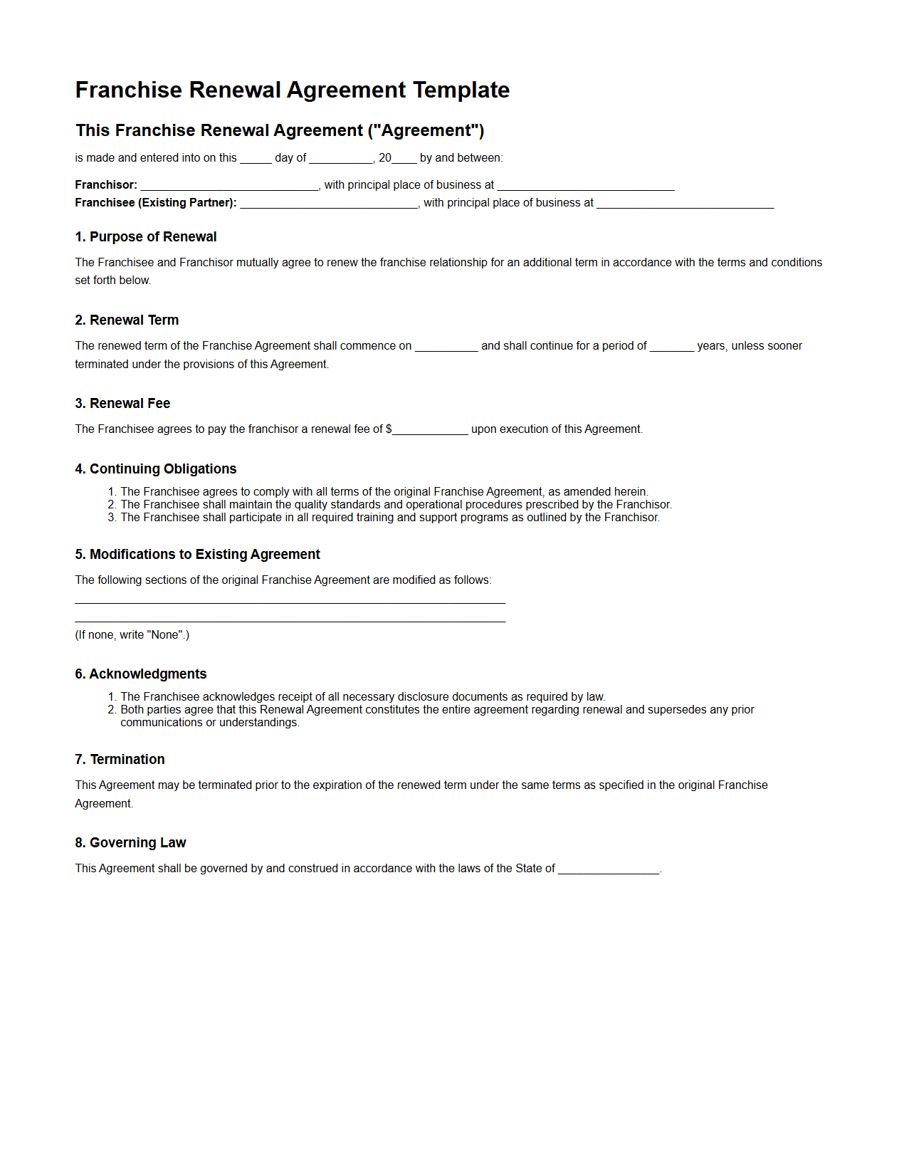 Franchise Renewal Agreement Template for Existing Partners