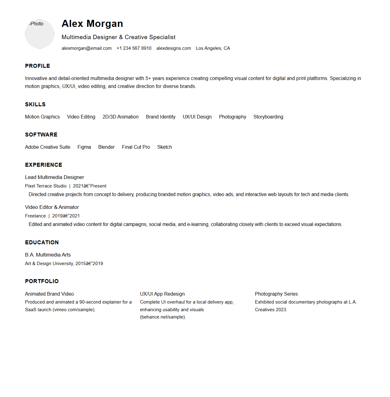 Fresh Multimedia Resume Sample for Creative Fields