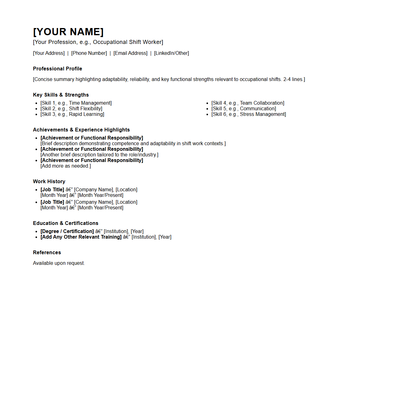 Functional CV Template for Occupational Shifts