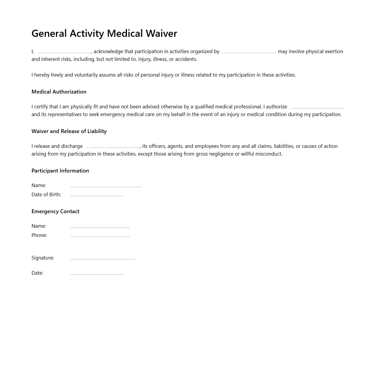 General Activity Medical Waiver Template