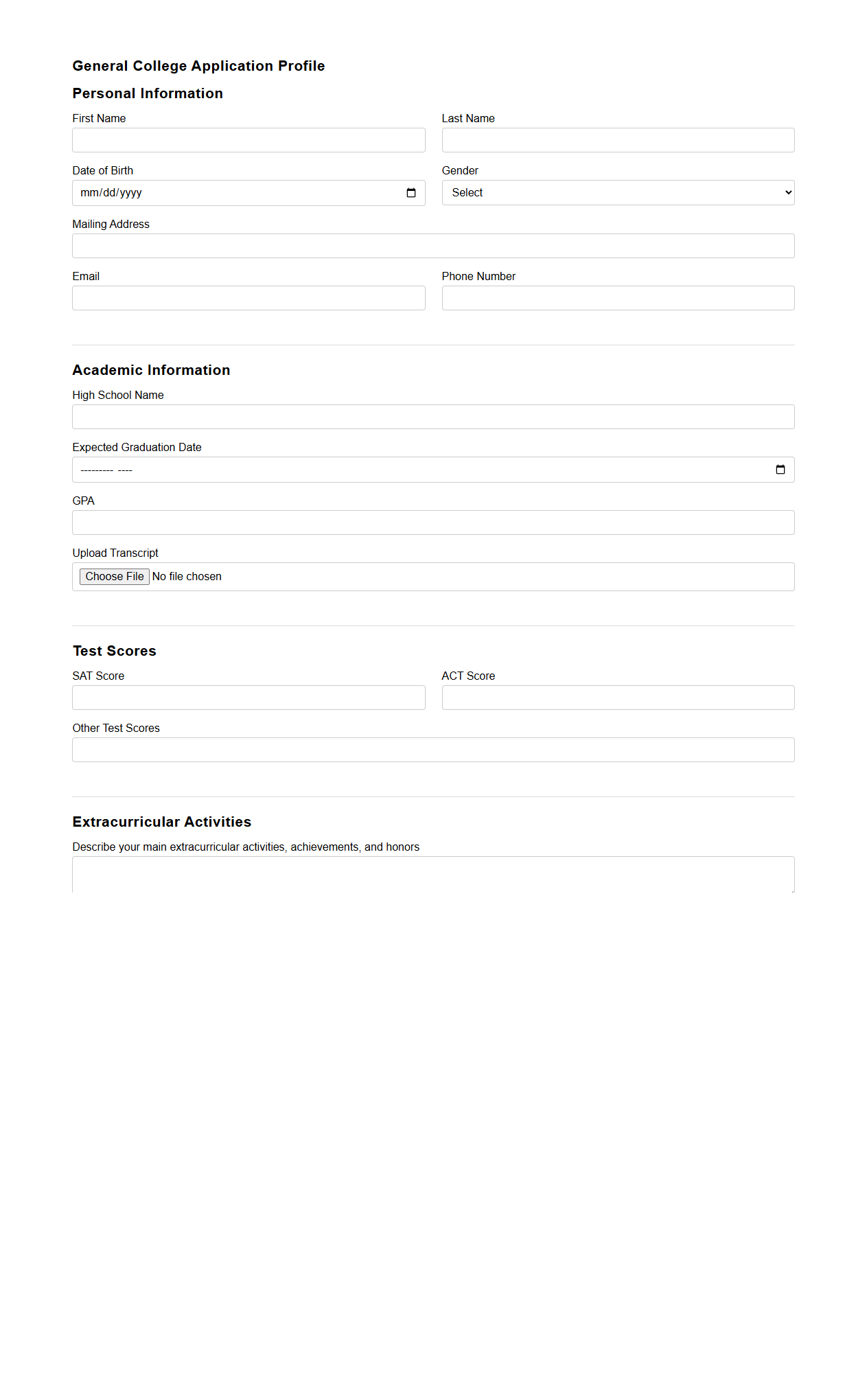 General College Application Profile Template