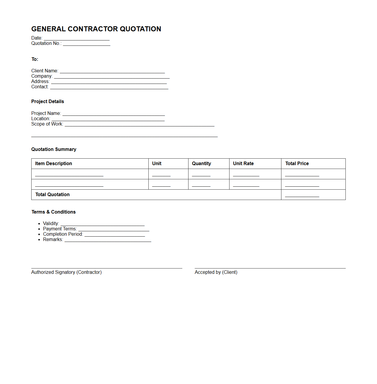 General Contractor Quotation Format