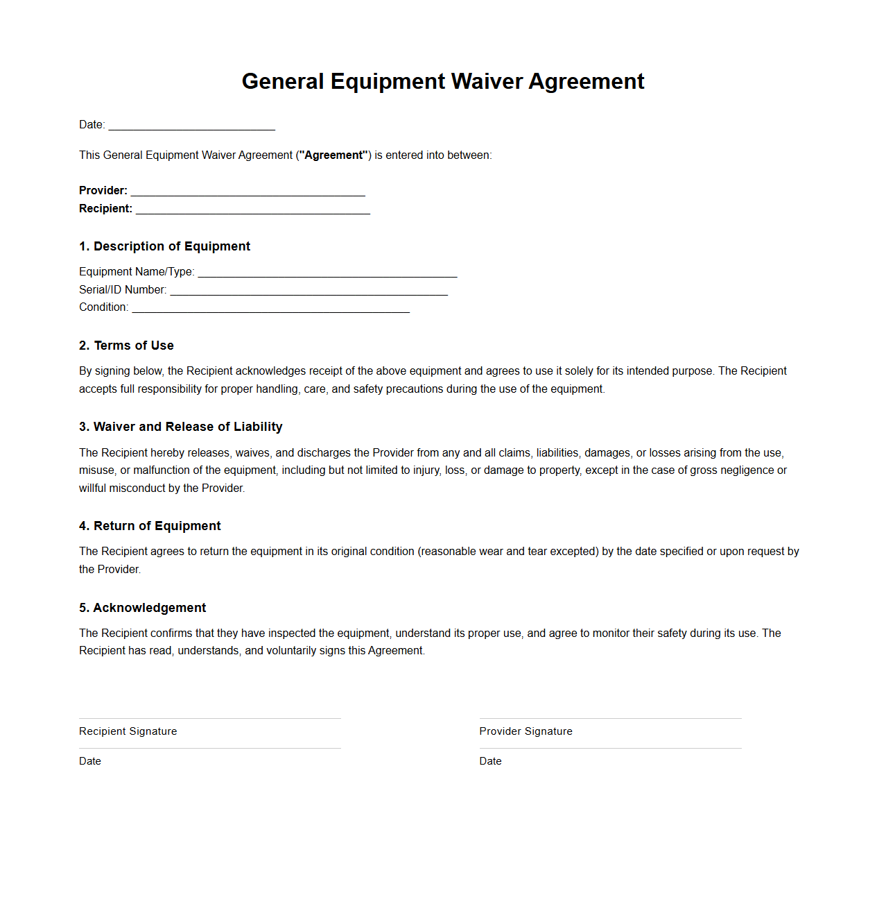General Equipment Waiver Agreement Format
