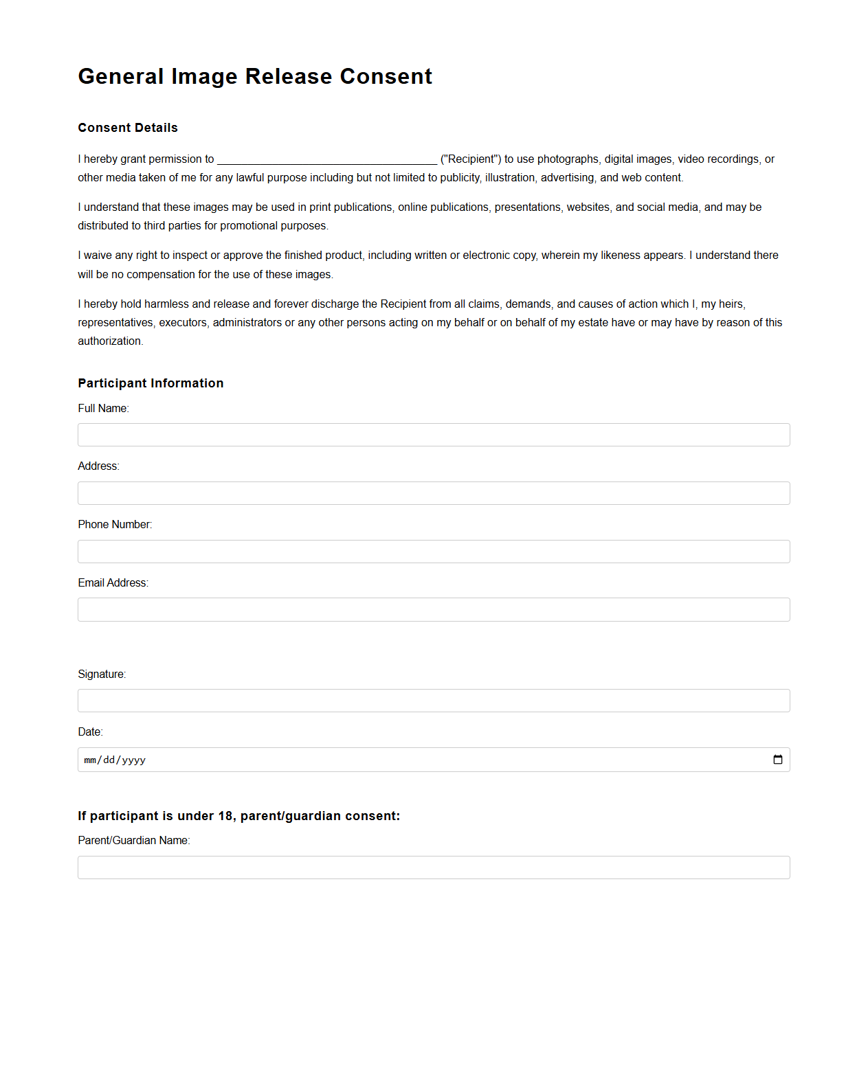 General Image Release Consent Document