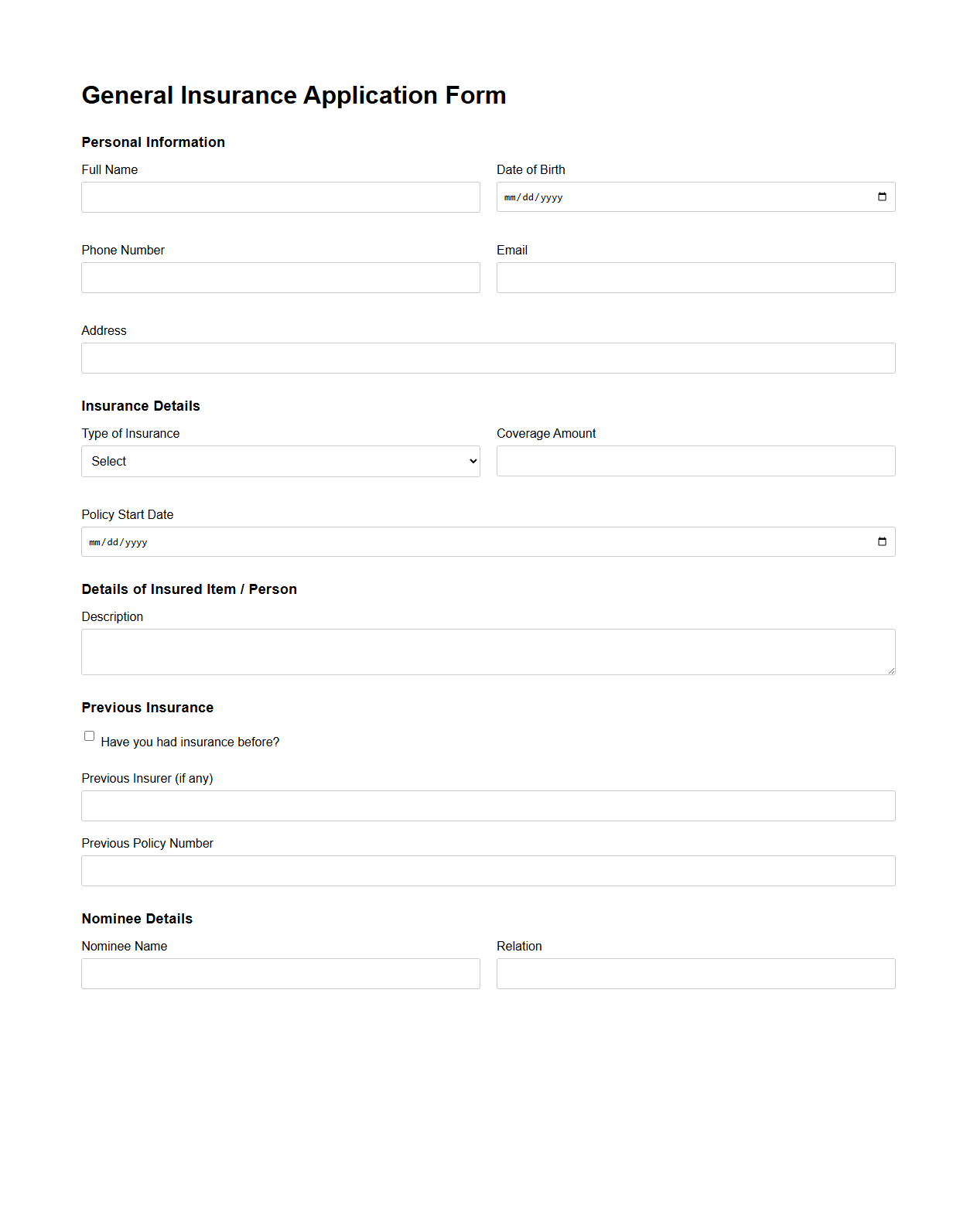General Insurance Application Form Template