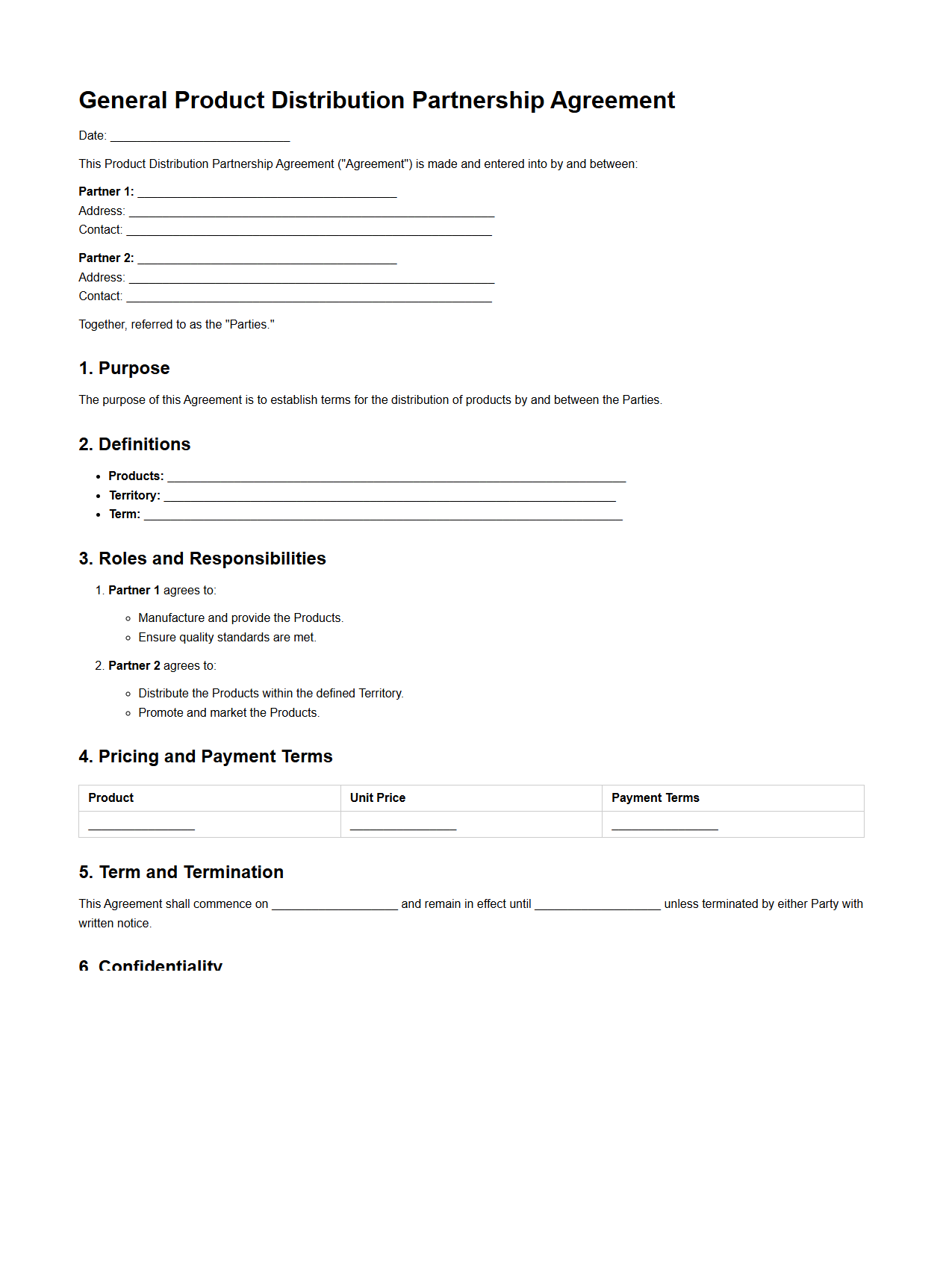 General Product Distribution Partnership Template