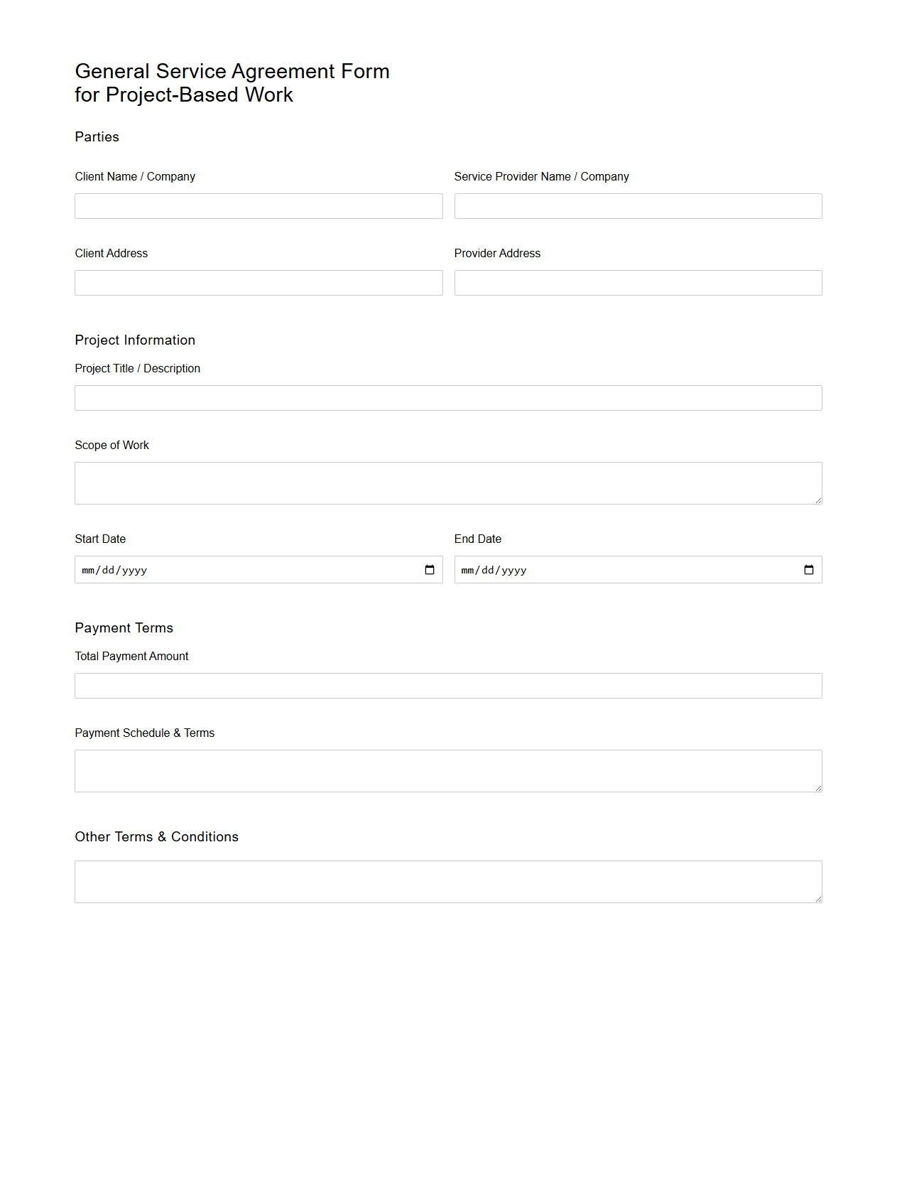 General Service Agreement Form for Project-Based Work