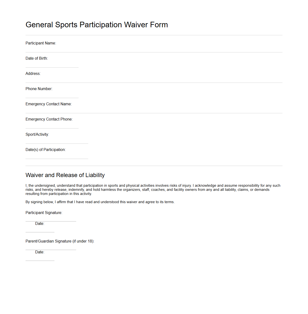 General Sports Participation Waiver Form