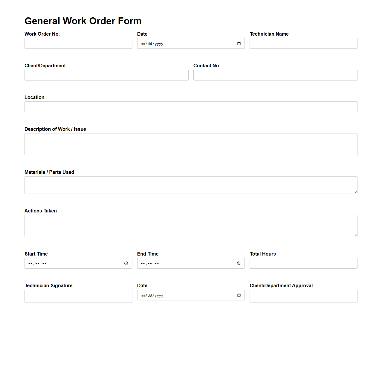 General Work Order Form for Technicians