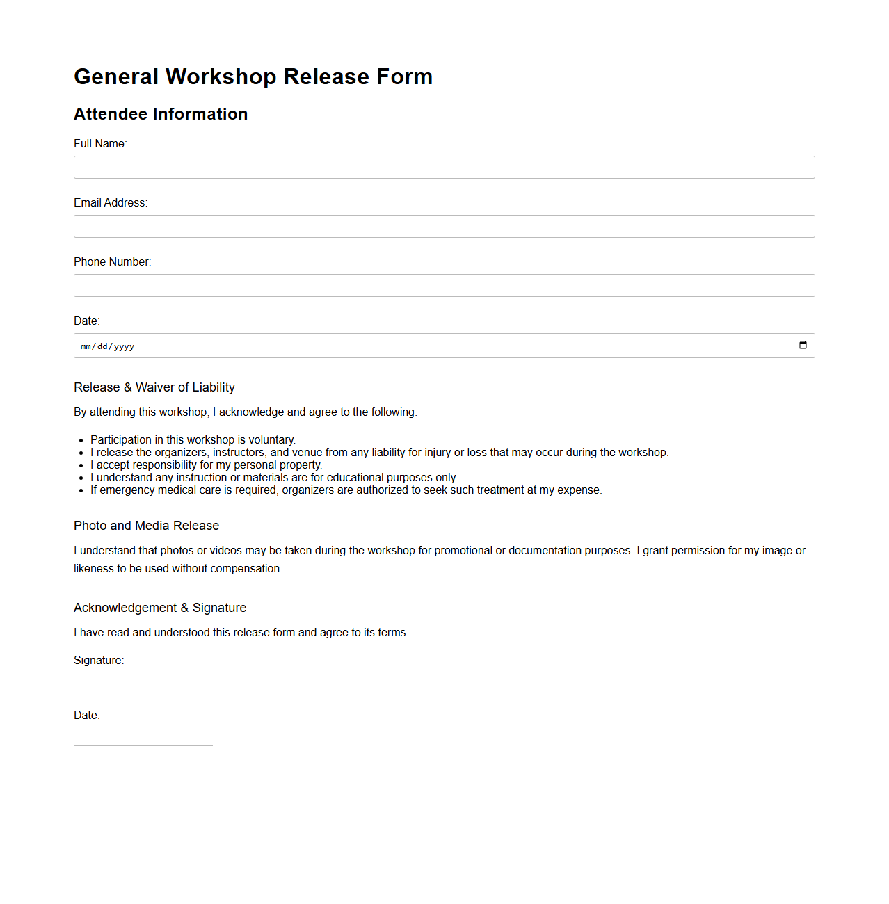General Workshop Release Form for Attendees