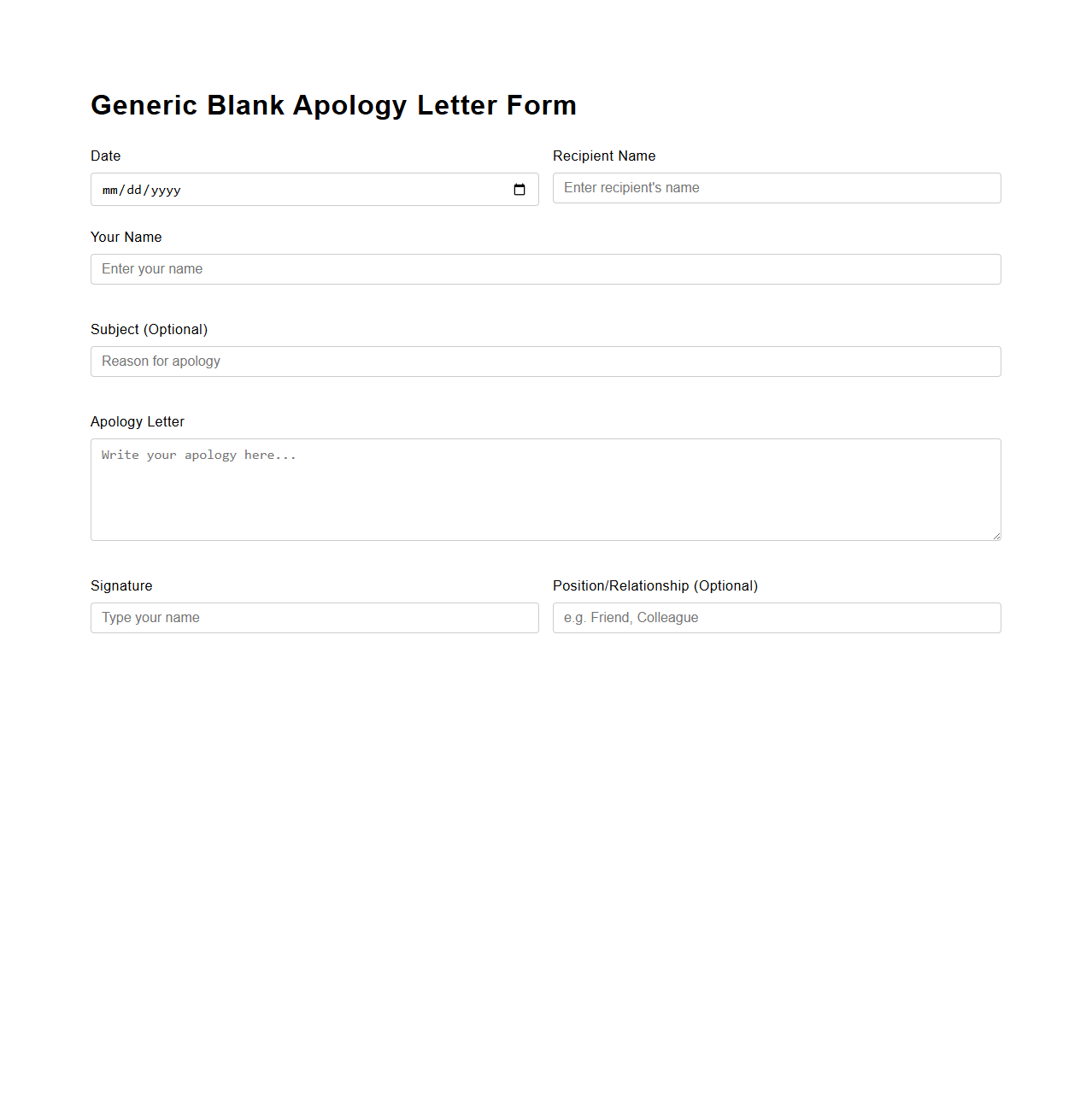 Generic Blank Apology Letter Form