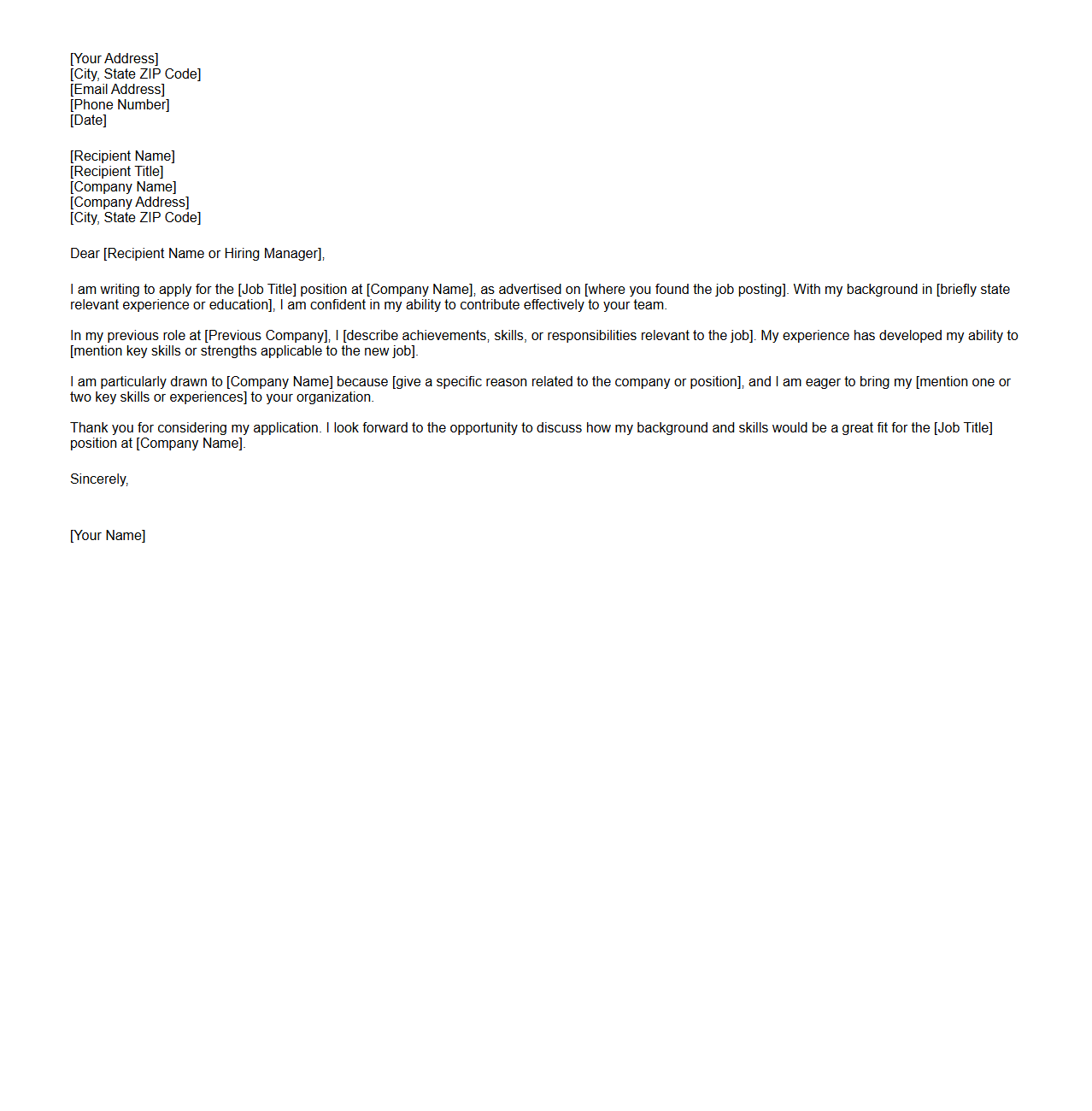 Generic Job Cover Letter Format Template