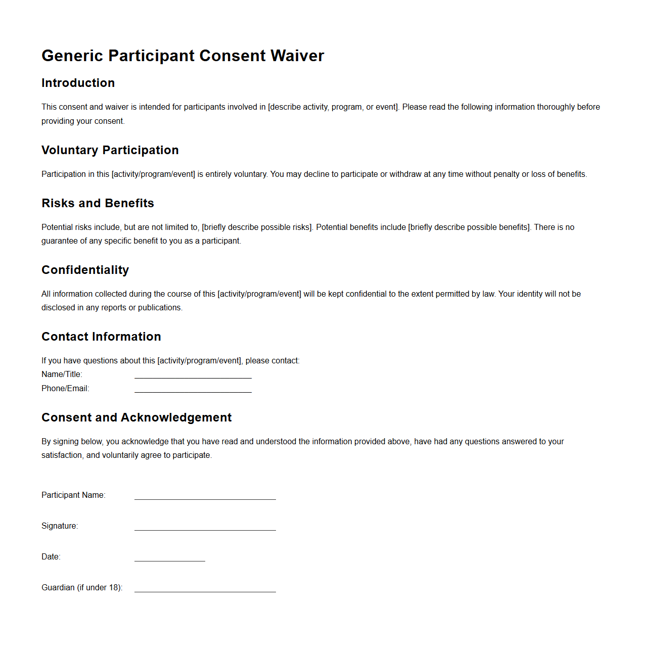 Generic Participant Consent Waiver Template