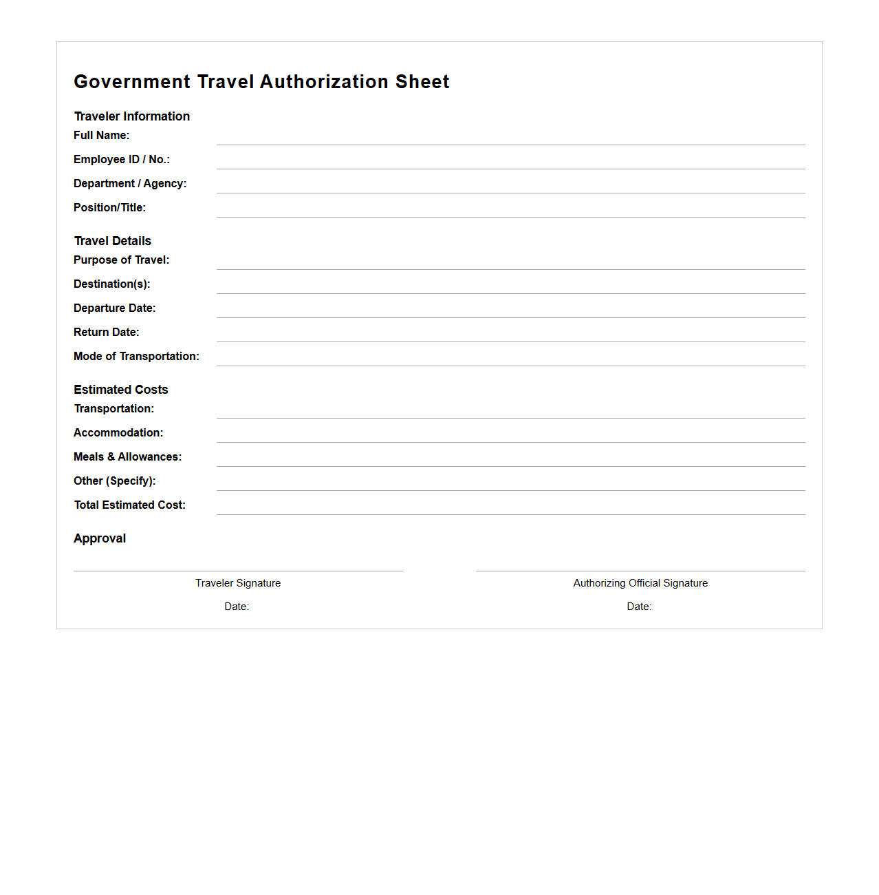 Government Travel Authorization Sheet