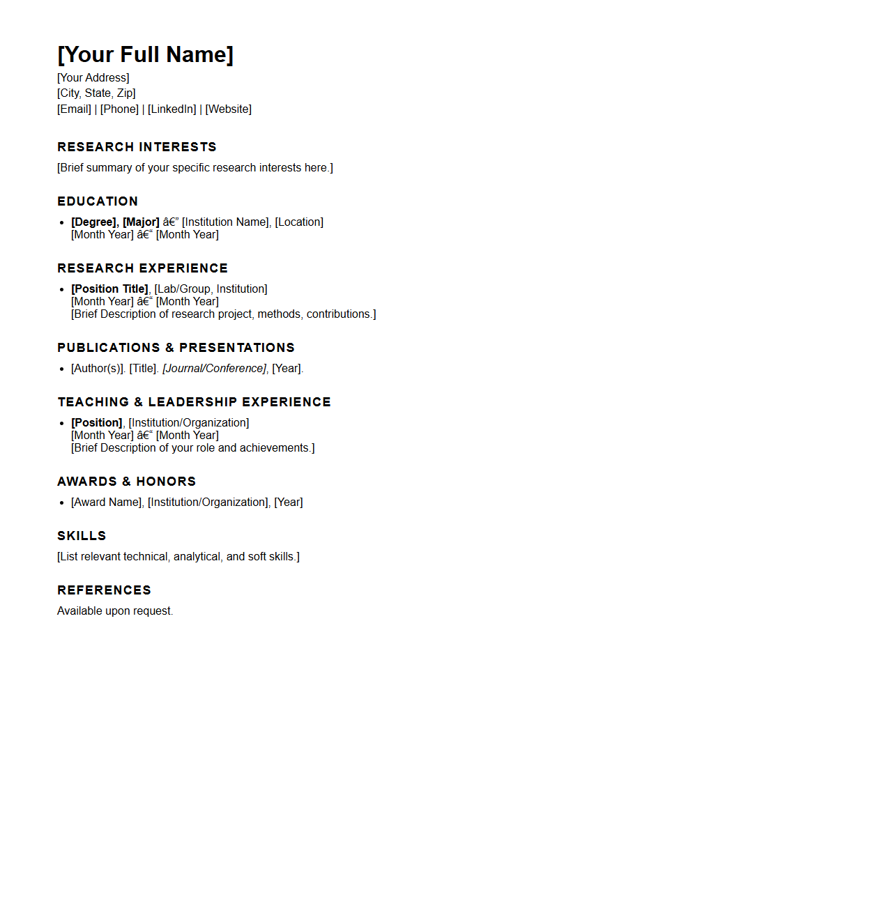 Graduate Research Position Academic CV Layout