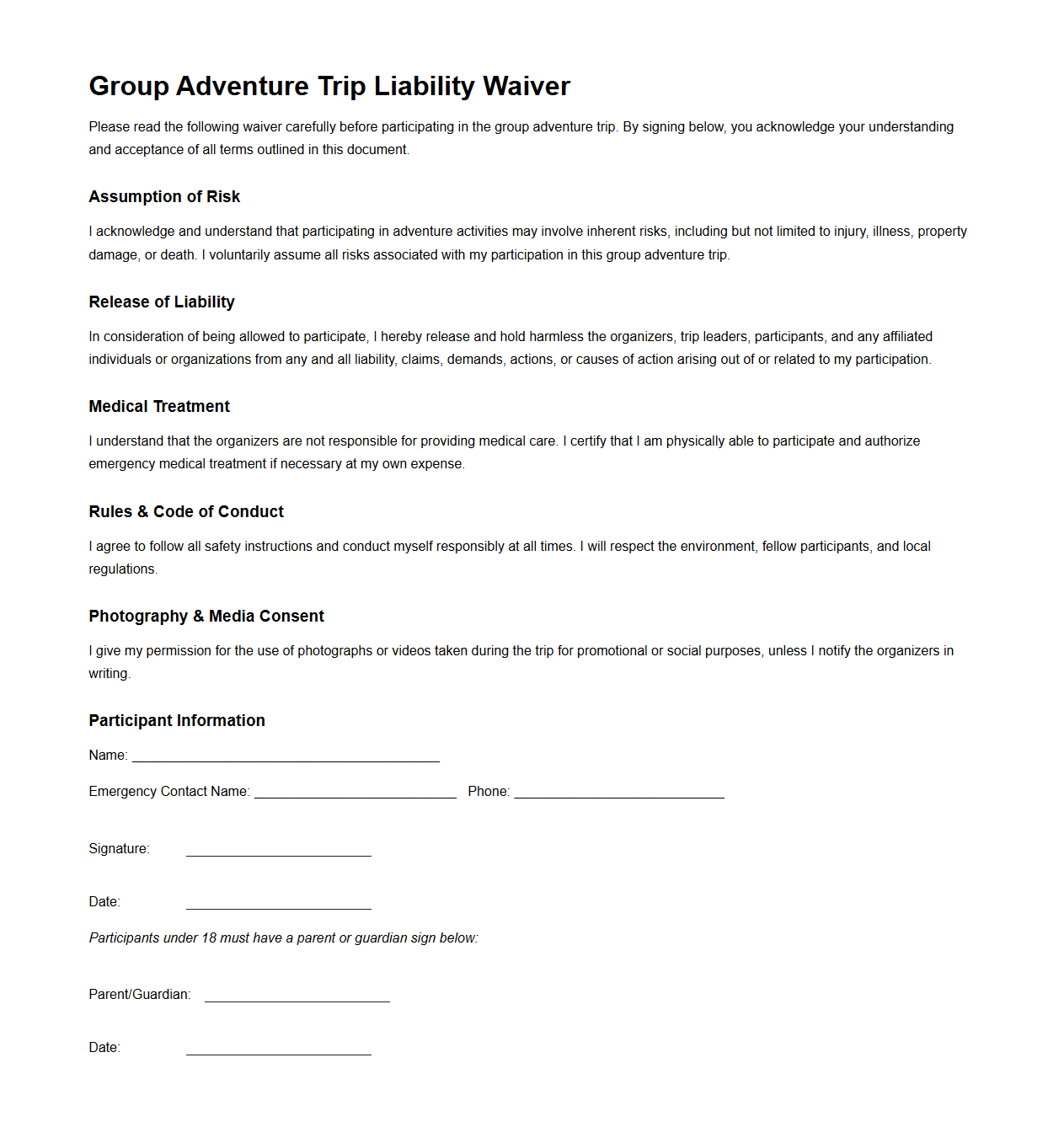 Group Adventure Trip Liability Waiver