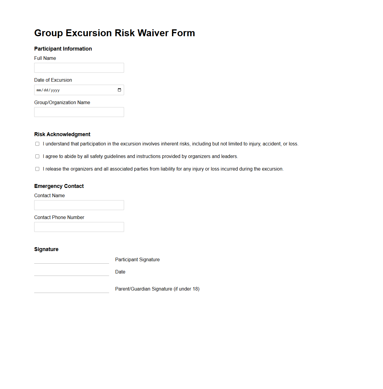 Group Excursion Risk Waiver Form