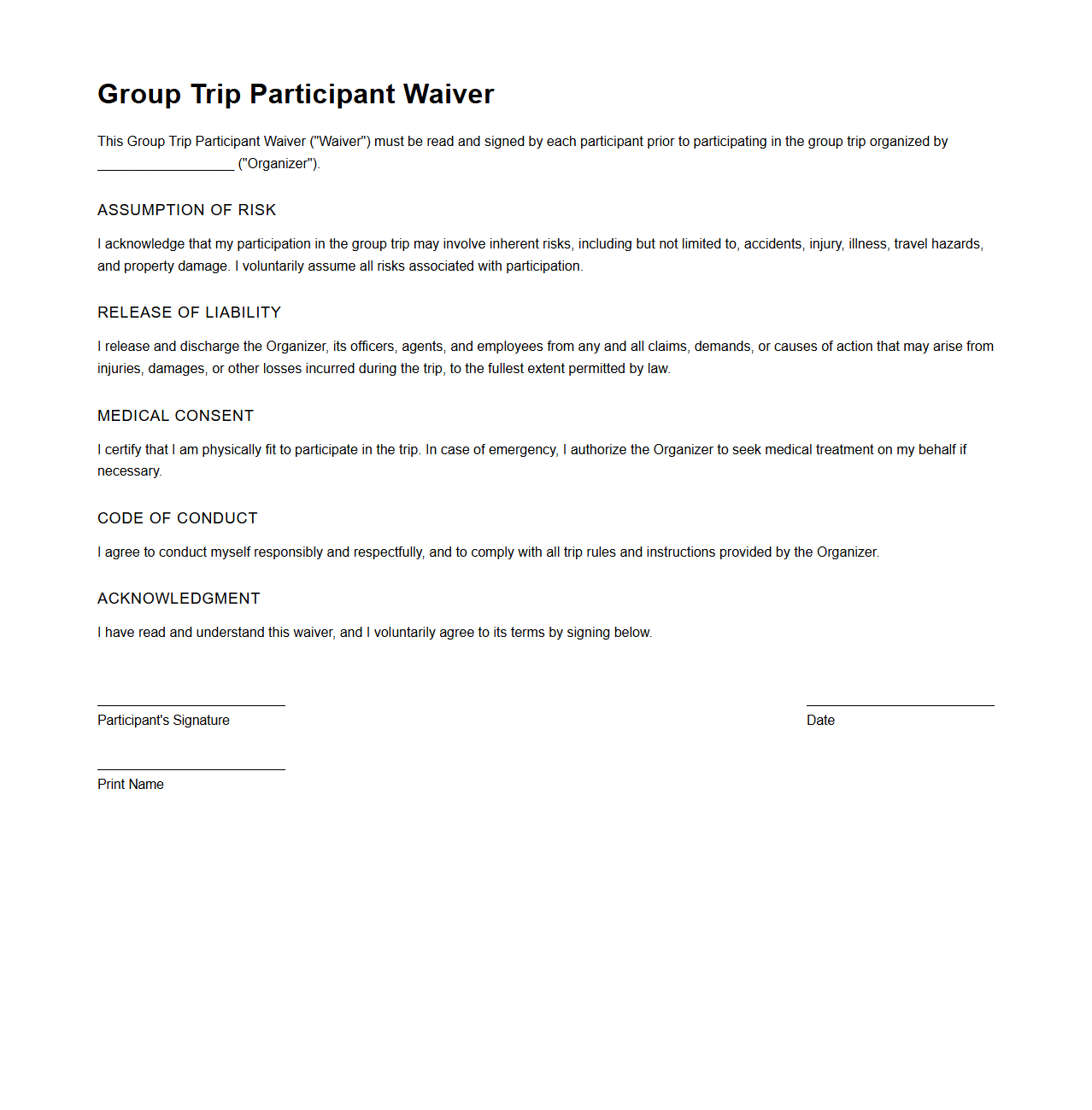 Group Trip Participant Waiver Template