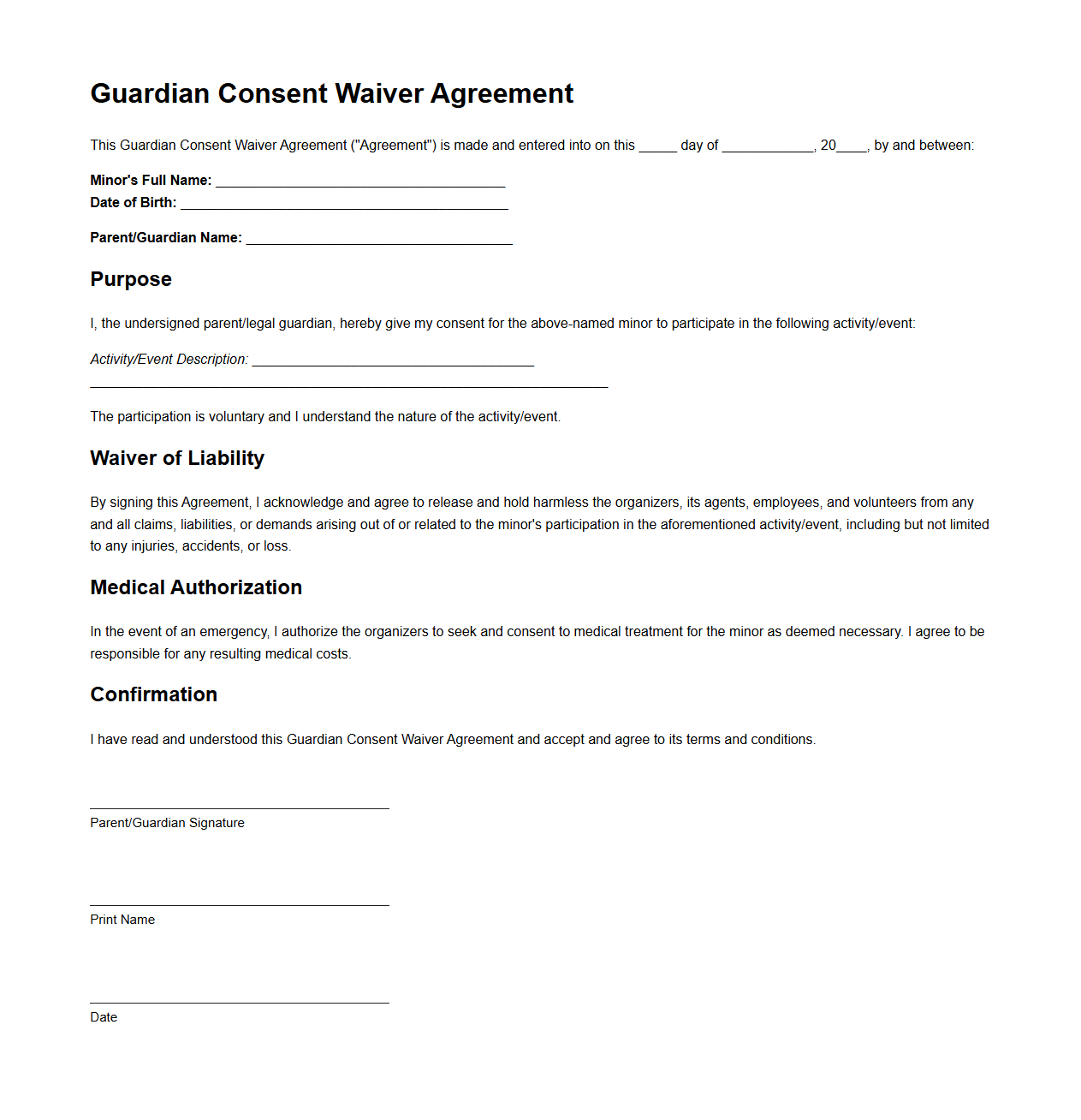 Guardian Consent Waiver Agreement