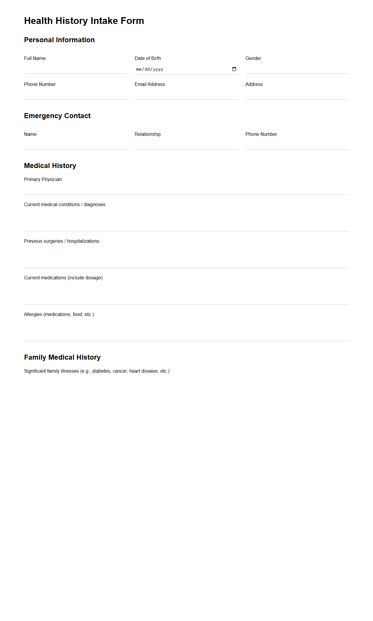 Health History Intake Document