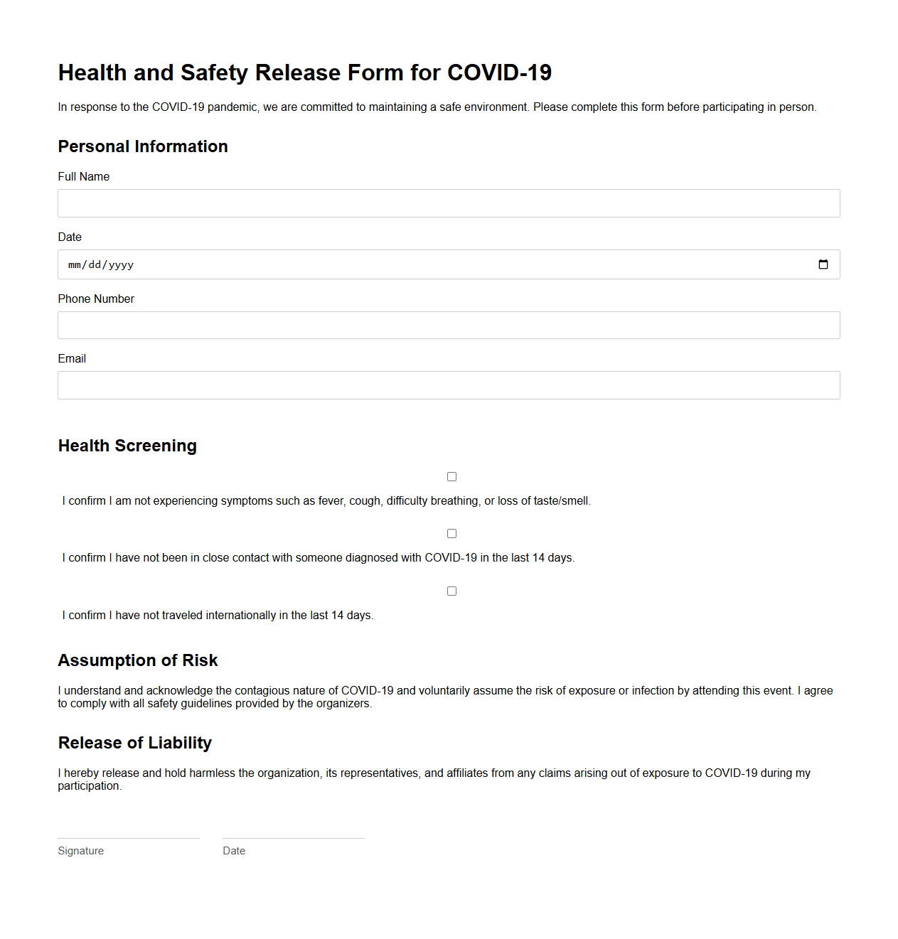 Health and Safety Release Form for COVID-19