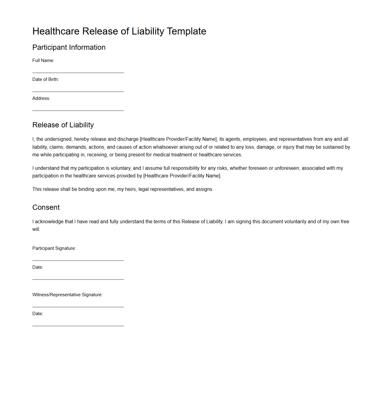 Healthcare Release of Liability Template