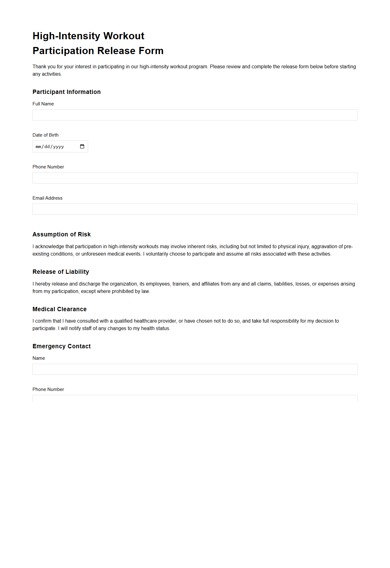 High-Intensity Workout Participation Release Form