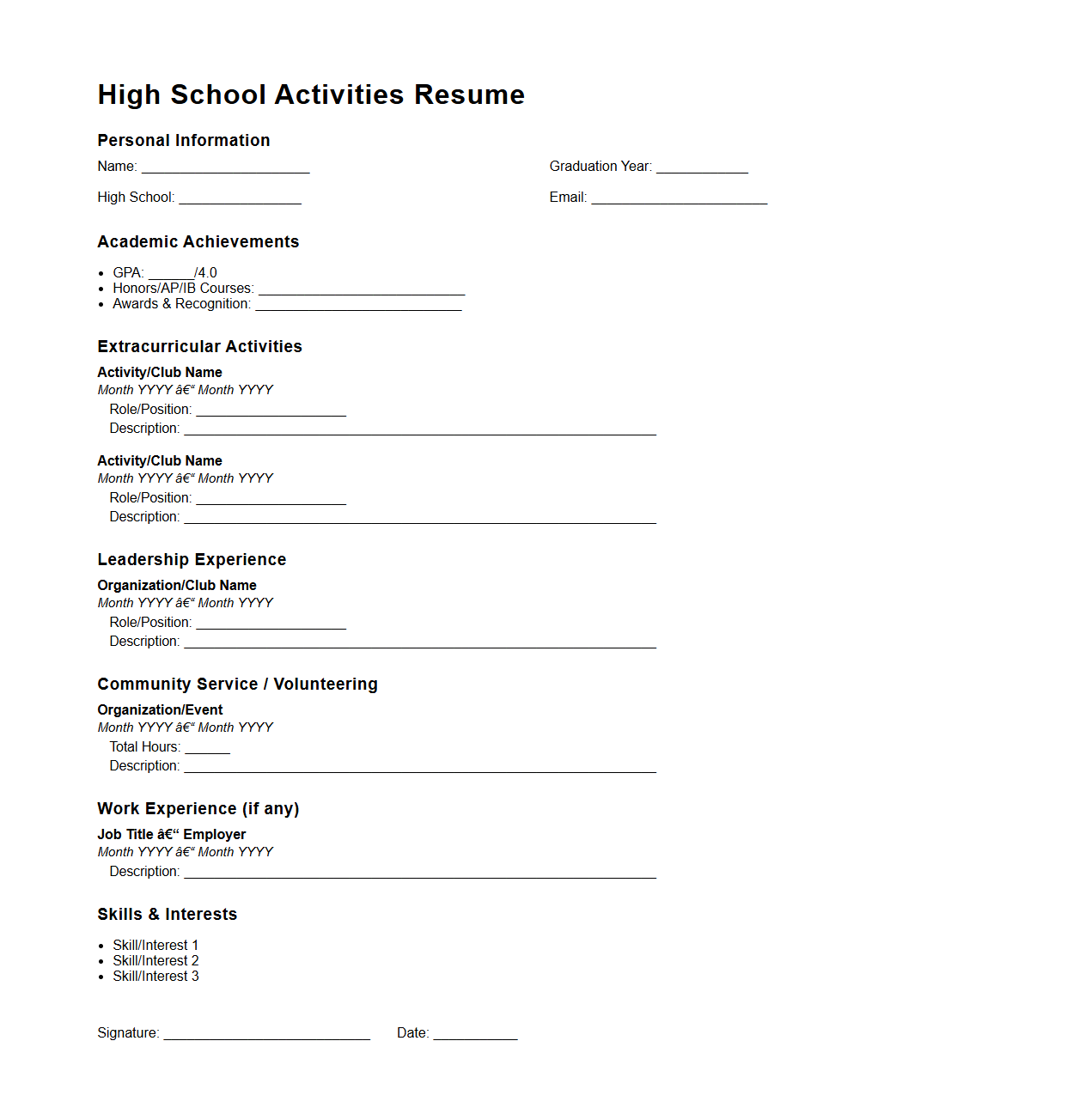 High School Activities Resume Template for College Acceptance