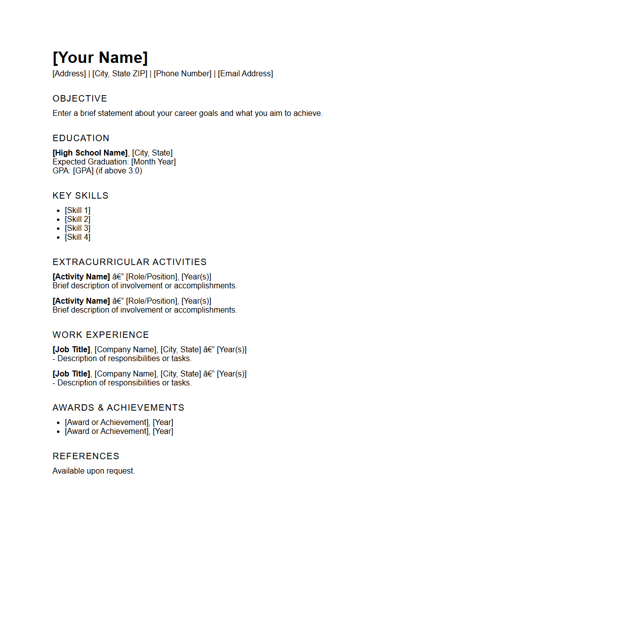 High School Graduate Resume Outline