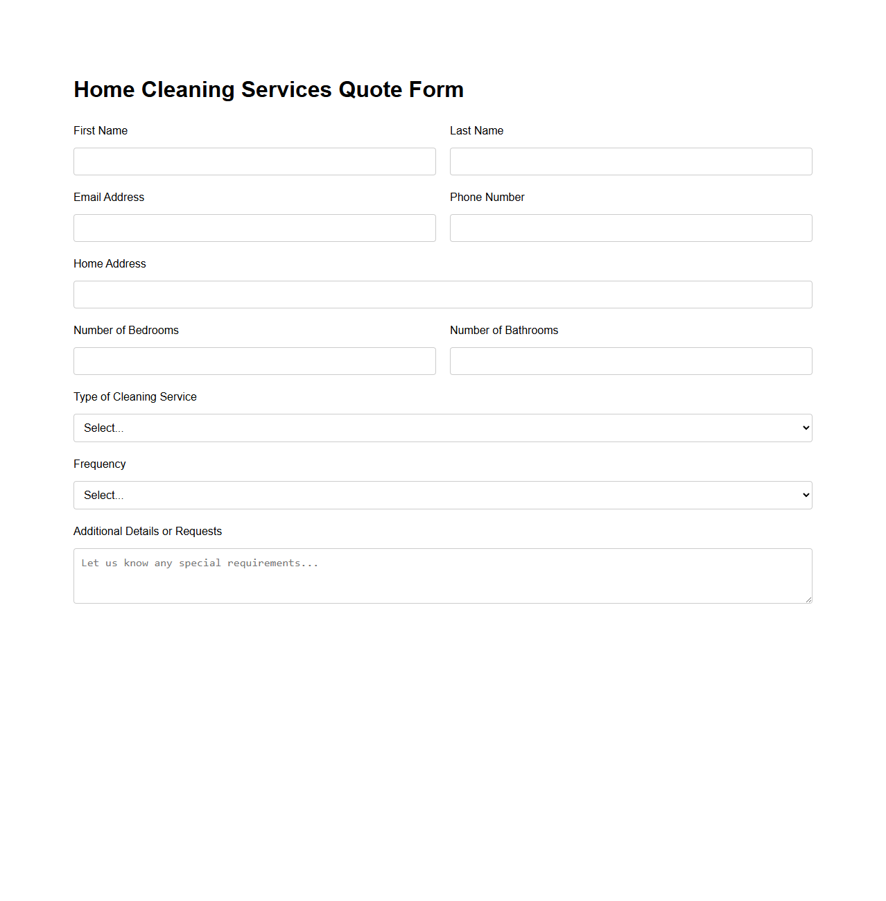 Home Cleaning Services Quote Form