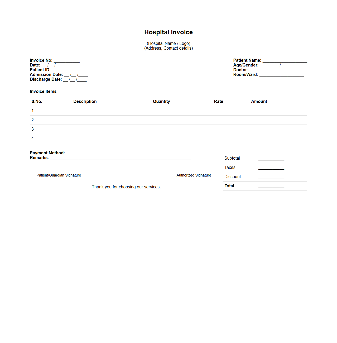 Hospital Invoice Blank Format