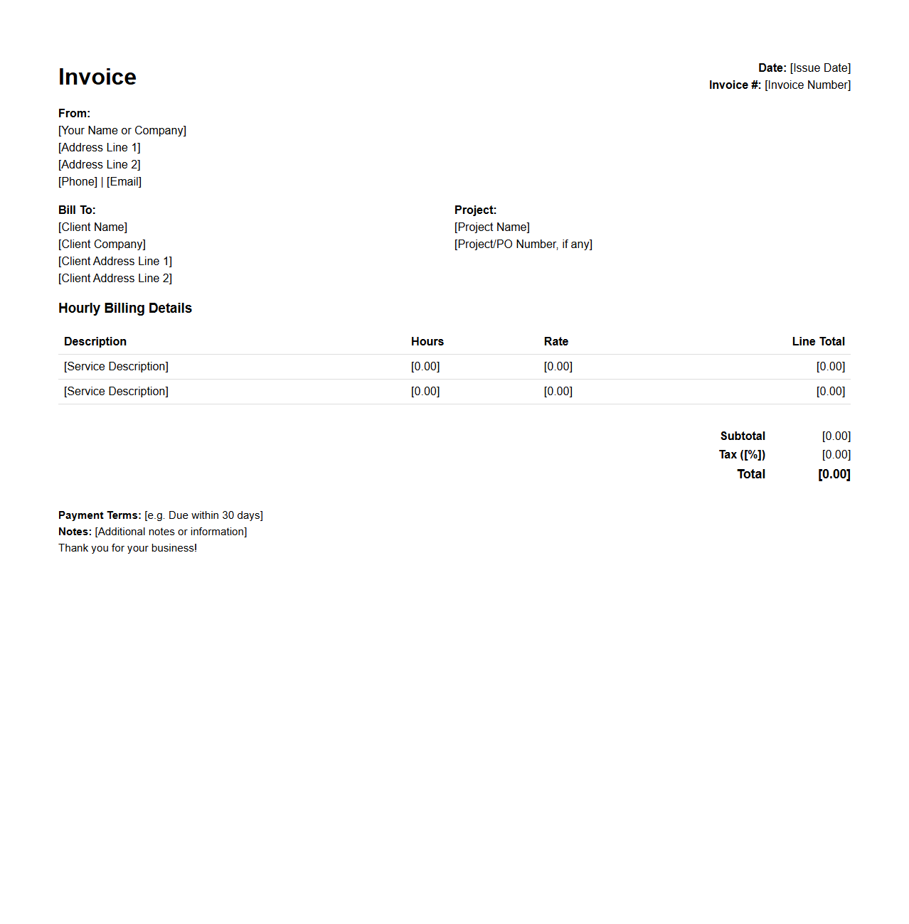 Hourly Project Invoice Template