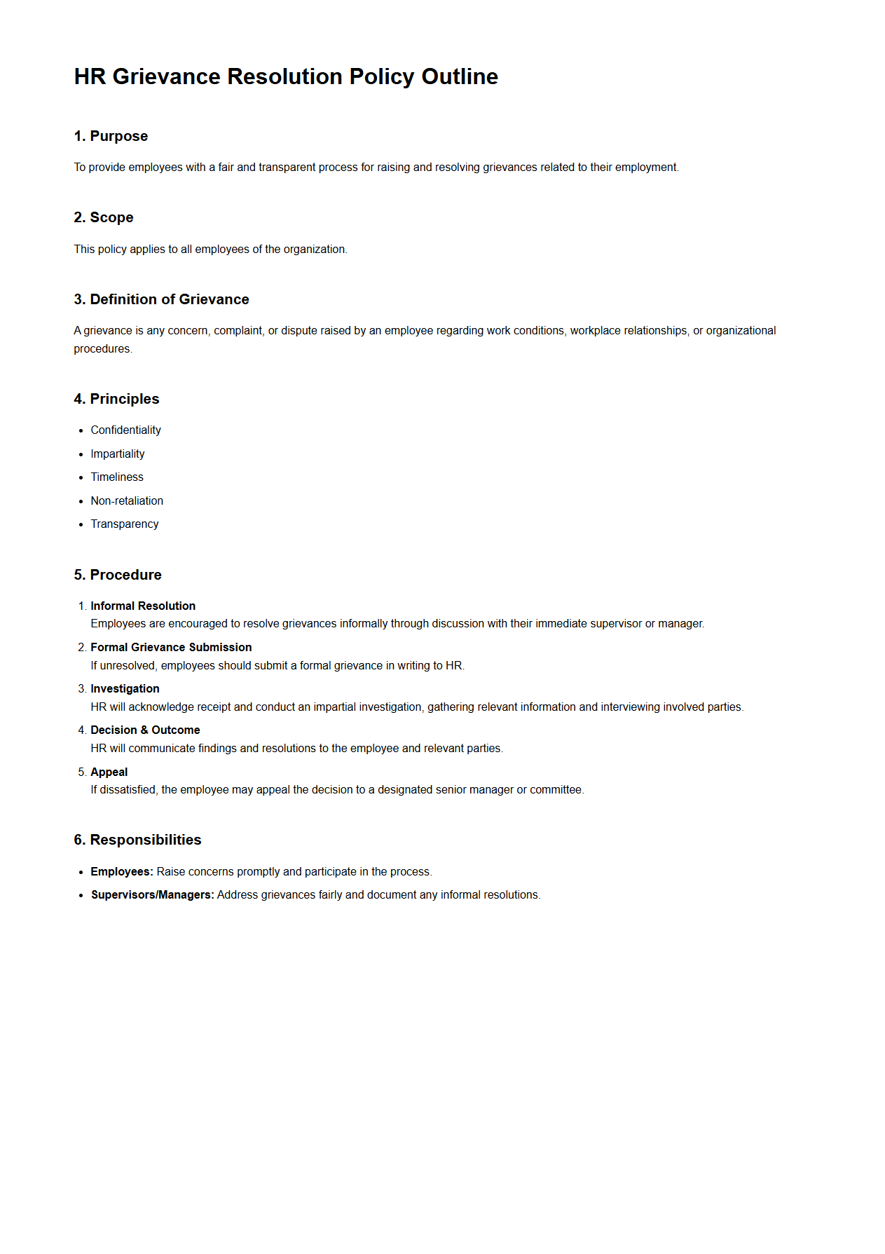 HR Grievance Resolution Policy Outline