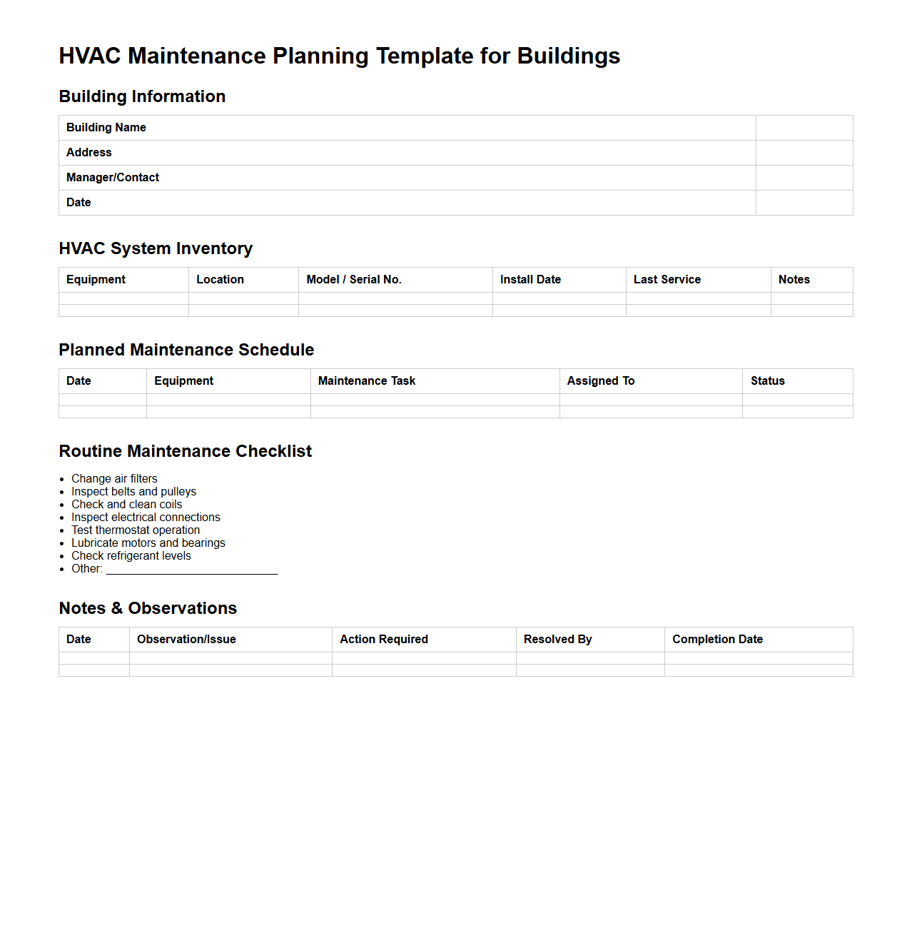HVAC Maintenance Planning Template for Buildings